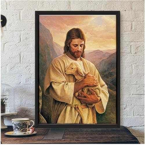 LXTOPN Religion Wandkunst Jesus Bild Leinwand Malerei, Jesus Und Ziegen Home Decor Wandbilder, Nordic Poster Und Drucke Christentum Wandbilder Für Wohnzimmer 30x45cm Kein Rahmen. (Gelbe)