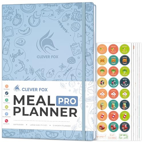 Clever Fox Meal Planner Pro – Journal hebdomadaire de préparation des repas et de nutrition avec liste d'épicerie et suivi de perte de poids – Carnet de régime et de fitness (bleu)