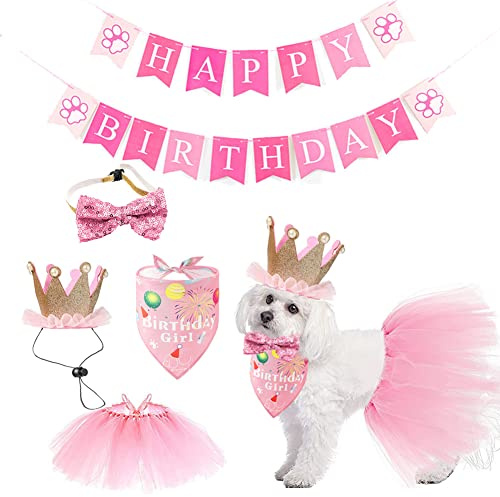 Mitili Hund Geburtstag Party Dekorationen für Haustier Mädchen Rosa Prinzessin Stil, Hund Geburtstag Dreieck Bandana Krone Hut Schal Kragen Bow Happy Birthday Banner für Haustier (5-teilig)