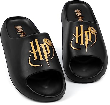 Harry Potter Sliders Femmes Femmes | Sandales moulées noires Golden Snitch Logo HP | Chaussures d’été magiques Chaussures