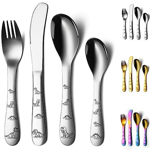 Evanda Toddler Utensils, 4 Pieces Stainless Steel Toddler Silverware Set, Kids Utensils Forks and Spoons, Mirror Polished Smooth Round Tableware and Dishwasher Safe