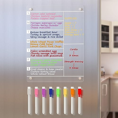 Neatsure Acrylic Magnetic Meal Planner Menu Board for Kitchen Fridge w/ 8 Markers, Clear Refrigerator Weekly Dry Erase Calendar Planning Noteboard to Do/Grocery/Shopping List/Chore Chart/, 12x9