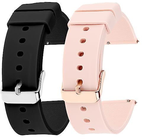 Cobee 2 Stück Silikon Uhrenarmbänder, Weiche Uhrenarmbänder Schnell lösbare | Wasserdichte, mit Schwarzer Oder Silberner Edelstahlschnalle, Kompatibel mit Smart Watch Sportuhren