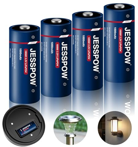 JESSPOW 18500 Rechargeable Solar Batteries 3.2V，LiFePO4 Lithium 3.2 Volt 1000mAh Battery for Outdoor Lights Flashlight, Garden Solar Light Batteries, 4 Pack (Not AA Battery)