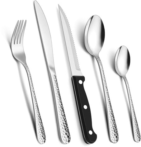 Onader 30 Piece Cutlery Set with Steak Knives, Stainless Steel Hammered Flatware Set Service for 6, Elegant Knives Forks Spoons for Kitchen Party Christmas, Mirror Polished & Dishwasher Safe