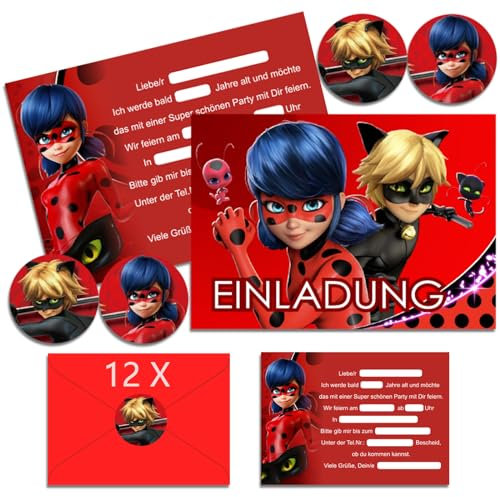 OSOFREE 12x Ladybg Einladungskarten Kindergeburtstag Mädchen mit Umschlag Deutsch, Cartoon Geburtstag Einladungskarten Set für Themed Party, Kindergeburtstags Party Einladungen (A6)