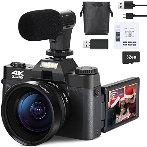 48MP Digital Camera for Photography and Video,4K Vlogging Camera for YouTube with 180° Flip Screen,16X Digital Zoom,52mm Wide Angle,Leather Hold & Strap, 2 Batteries, 32GB TF Card (Black)