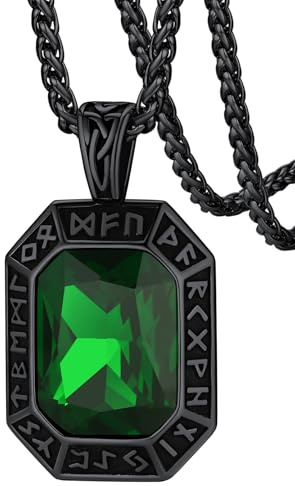 FaithHeart Collana Uomo Vichingo Pendentivo in Ottagono Cristallo Rosso Smeraldo Ossidiana con Rune Vichinghe Accessorio Moda Unico Perfetto per Regalo Stile Personale