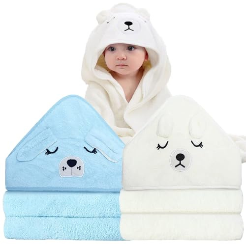 2Pack Baby Handtücher Kapuze, 80X80 cm Baby Badetücher, Kapuzenhandtücher Baby, Babyhandtüch Bambus, Kapuzenbadetüch, Kinderhandtüch, Badehandtüch Handtücher für Babys, Neugeborene (Blue, White)