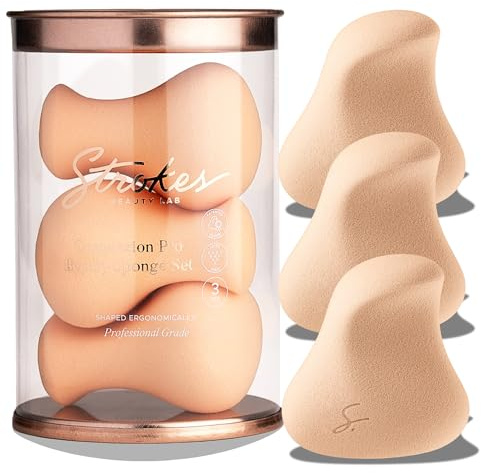 Strokes Beauty Lab Original Beauty Blender Makeup Sponge Applicator for Powder, Cream & Liquid, Beauty Tools Puff, Streak Free Application, Vegan, Cruelty Free Made in USA, Peach (3 Pieces)