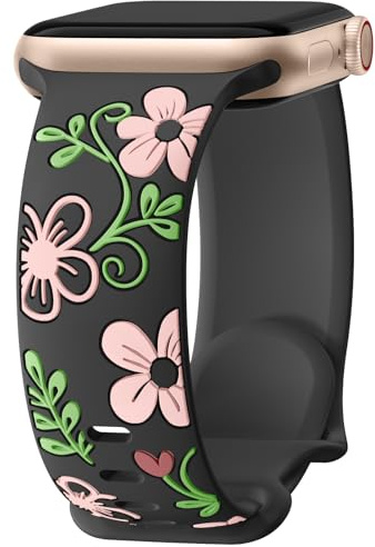 Mastten Trefärgad blomma graverad rem kompatibel med Apple Watch-remmar 38-49 mm, mjukt silikon elegant sportband för iWatch SE serie 1-10