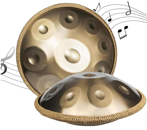 9 Töne 22 Zoll Hand Pan, 440HZ Handpan Drum, Harmonic Handpan Drum in D-Moll, FüR Klangheilung, Wunderschone Melodie, dass der perfekte Ton an Ihre Hände geliefert wird(Gold, 9 Töne)