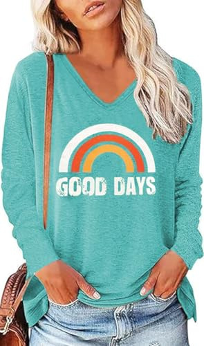 AVOZAL T-shirt, dam, långärmad, tryck, regnbåge, elegant, långärmad skjorta, V-ringad, toppar, ledig, lös långtröja, tunika, skjortor, toppar, Havsblått, L