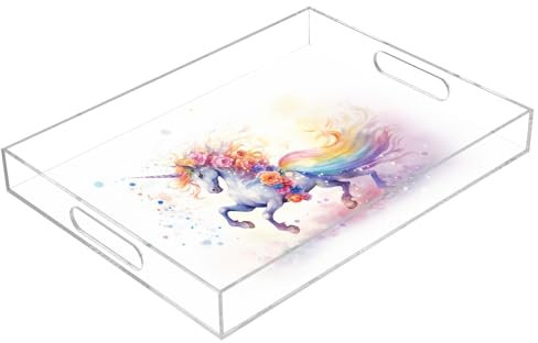 Running Unicorn Acrylic Serving Trays, Clear Rectangular Tray with Handles Serving Platter for Coffee Table Kitchen Bathroom