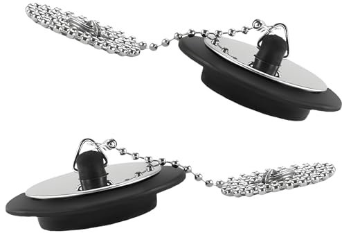 QILUCKY 2 Pcs Universal Bath & Kitchen Sink Plug with Stainless Steel Chain (Size 1.65in To 1.77in, Chain 16.5in)