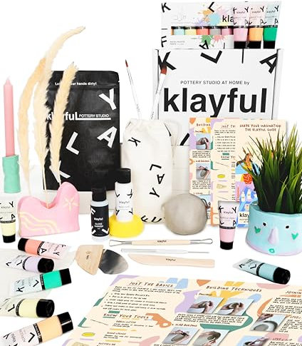 Klayful-Töpferset für Anfänger | Lufttrocknendes DIY Set für Erwachsene | 3kg of ton,Werkzeuge,Acrylfarben,Pinsel, Dichtmittel,Anleitung (1,5 kg Ton Weiß – Pastellfarben)