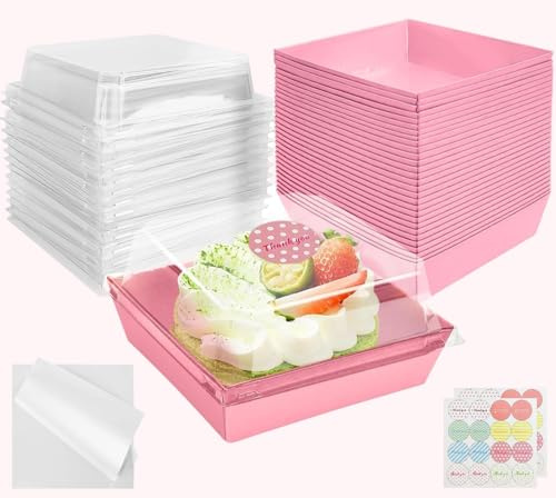 CoKeeSun 30 Stück Kuchen Transportbox Pappe,12cm Muffin transportbox mit Transparentem Deckel, Cupcake Box mit Backpapier und Aufkleber, Take Away Box für Sandwich, Macarons (Weiß) (Rosa)