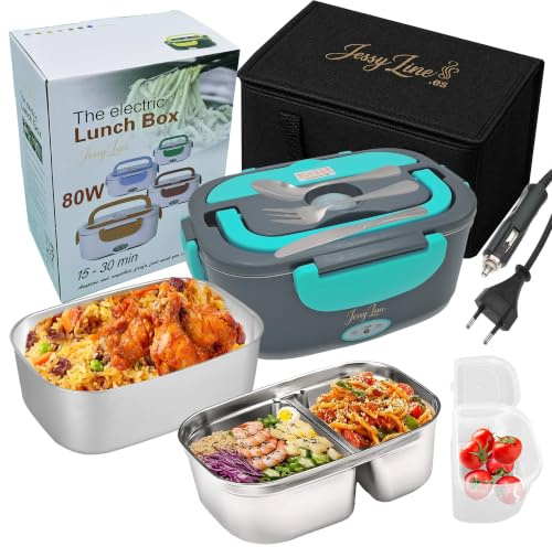 JessyLine Lunch Box elettrico 3 in 1 per auto, camion e ufficio 12 V/24 V/220 V 80 W Borsa termica confezione da 1,5 L con doppio container in acciaio inox 304 e 3 posate (base grigia - coperchio cian