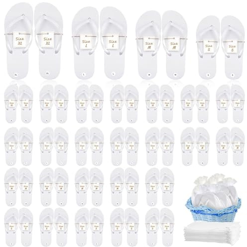 YFNVH 24 Paar Flip Flops Set Damen für Hochzeitsgäste Weiße, Gäste-Hausschuhe Hotel Spa Hausschuhe für Hochzeit, Party Bequeme Hausschuhe mit Größenkarte und Zugbeutel