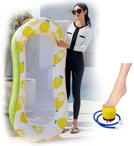 Furforstk Luftmadrass pool vuxna 150 x 78 cm, luftmadrass, vatten med uppblåsbara enheter, vattenhängmatta med nät, vattenmadrass, simmadrass för vuxna, sommarkul, vattenfest (gul)