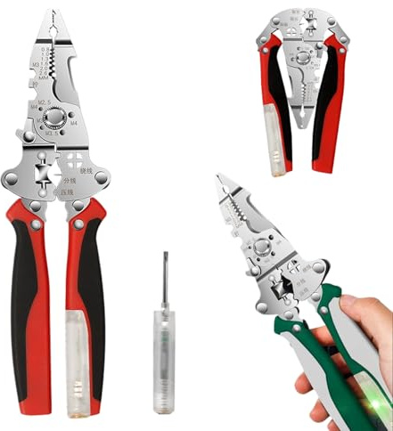 21-in-1 Multi-Function Foldable Wire Stripper - with Voltage Tester, Dual-Purpose Screwdriver, and Precision Jaws – Wire Stripper Cutter Tool for Electricians, DIY, and Home Repairs (B-Red)