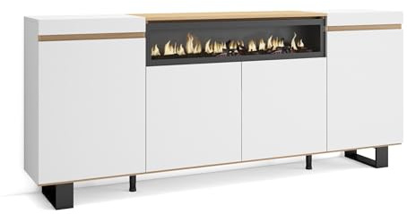 Skraut Home | Sideboard, Highboard | Kommode, Komodenschrank | 200x87x35cm | 4 Türen | Elektrokamin. | Industriedesign | Moderner Stil | Weiß und Eiche Soft