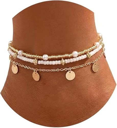 Vristlänk för kvinnor – handgjorda boho färgglada vristlänk armband för kvinnor justerbara dubbla fotkedjor strand vristlänk set tillbehör för kvinnor tonåringar flickor smycken presenter, M