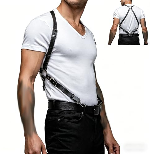 VKFOFEG Harness Männer Leder, Einstellbar Festival Rave Outfit für Herren, Leder Harness für Männe, ideal für Festival Party Rave Halloween Cosplay Ostern Karneval