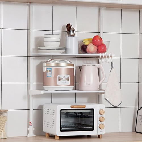 FALANZATH Mikrowellen Regal, 3-stufiges Ausziehbar Mikrowellenregal, arbeitsplatte Bäckerregale, Küchenregal mit 5 Haken, Gewürzregal Mikrowellenschrank Organizer für Küchen Weiß