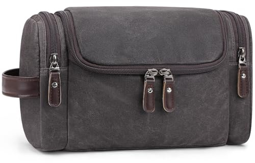ZOMFELT Travel Toiletry Bag for Men, Waxed Canvas Travel Wash Bag Dopp Kit, Water Resistant Shower Bag Hanging Toiletries Bag, Lightweight Gym Shaving Organizer Bag for Bathroom, Grey, XL
