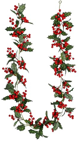 Guirnalda Navideña para Repisa, 1.74 m Decoraciones Artificiales para Navidad, Guirnalda con Hojas Verdes Y Bayas, para Interior Exterior Chimenea Barandillas Escaleras Sala de Estar Jardín
