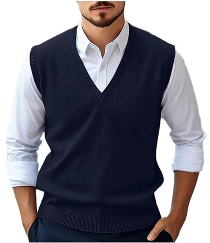 Herr V-ringad stickad tröja väst, mjuk ärmlös pullover tröja, lätt väst i ullblandning, ribbad fåll klassisk stickad väst för män, stretch bekväm lager-topp