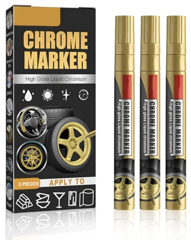 YOFDAL Stylo marqueur chromé 3 pièces | Stylo liquide chrome pour voiture & pneus | Scellement haute brillance or pour jantes, métal, plastique & caoutchouc