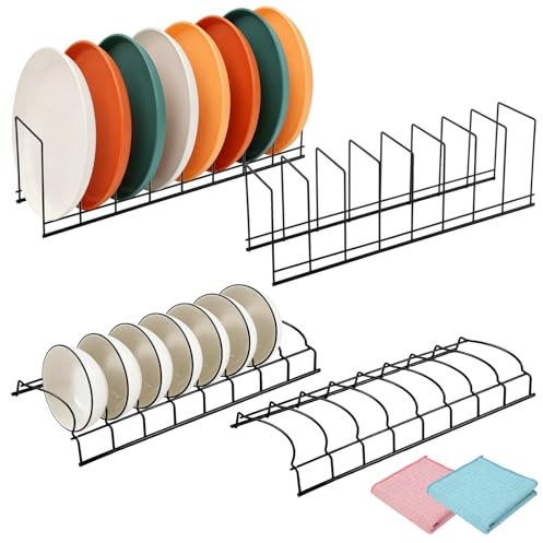 DIYJEP 4 Pack Plate Rack Cloths, 8 Slots Steel Organiser(Black) | Includes 2 Absorbent Cloths. Upright Bowl Storage. Durable Stainless Steel for Pot Lids Plates Cutting Boards