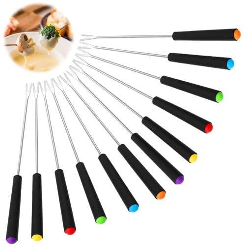 Elegaperma Juego de 12 tenedores para fondue, de acero inoxidable, con mango resistente al calor de 23 cm, para queso, chocolate, postre, fruta (negro)
