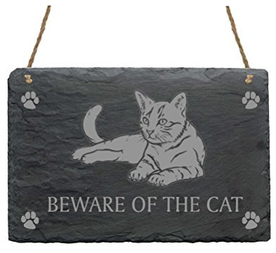 Weatherproof Slate Sign Beware of the Cat Sign with Cat Motif - Decorative Door Sign Decoration Front Door Entrance Garden Gate - Cats Cat Slate Sign