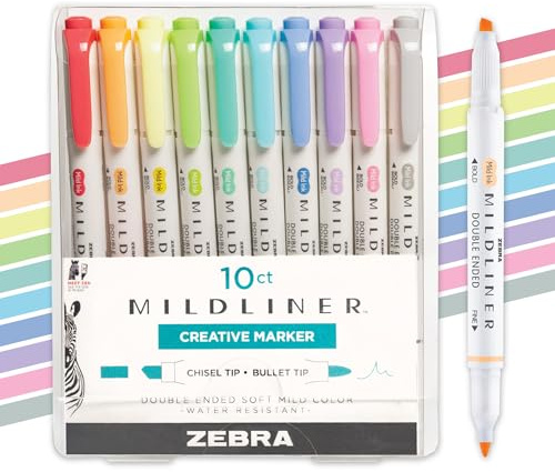 Zebra Pen Mildliner - Juego de resaltadores de doble extremo, puntas anchas y finas, colores surtidos de tinta fluorescente y fría, paquete de 10