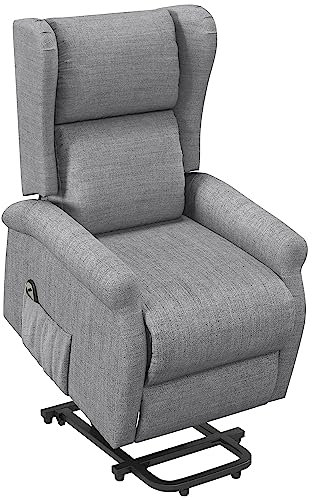 HOMCOM Fernsehsessel mit Aufstehhilfe Elektrisch Relaxsessel mit Liegefunktion, TV-Sessel mit Fernbedienung Seitentasche Leinenoptik Grau
