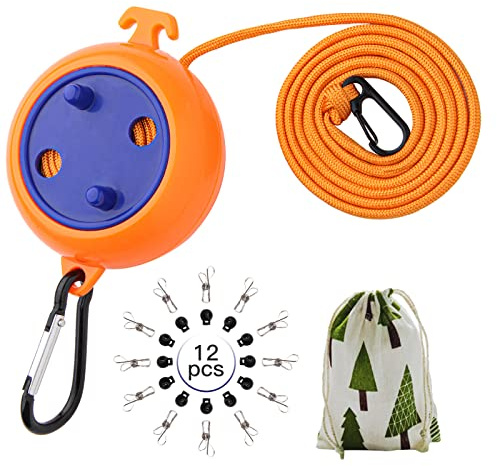 Portable Travel Clothesline Cord, Caudblor Adjustable 33ft Camping Clothes line, Laundry Drying Rope for Hotel Trip, Cruise, Outdoor/Indoor, with 12Pcs Stoppers, Windproof Clothespins