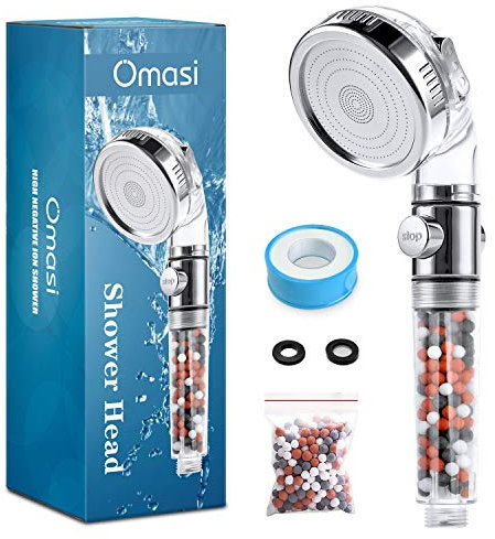 Omasi Duschkopf Wassersparend Handbrause mit Öko Ionen Filter Mineralsteinen Druckerhöhung Kalkfilter Dusche Duschbrause mit Wasserstop