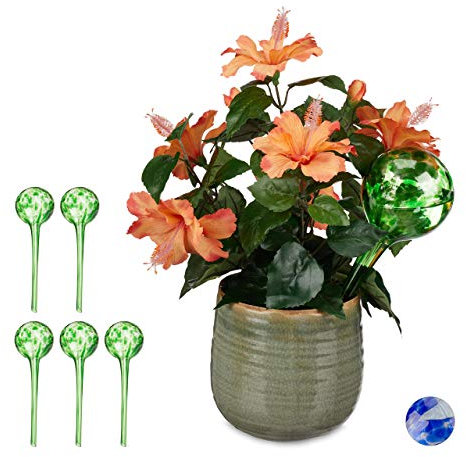 Relaxdays 6 x Bewässerungskugel, dosierte Pflanzen Bewässerung, Blumentopf, Gießhilfe Büro, Urlaub, Durstkugel Glas, Ø 9cm, grün