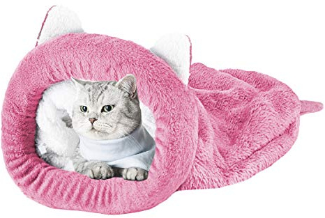 Felenny Katze Schlafsack Haustier Bett Katze Warm Gemütlich Bedeckt Selbsterwärmenden Kuschelsack Halb Überdachte Höhle für Katzen Welpen (L, Rosa)