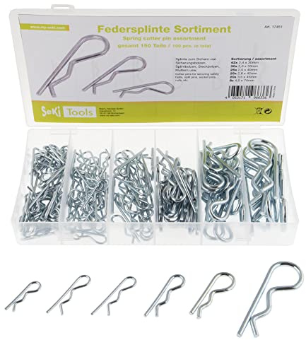 SeKi Federsplinte Sortiment 150 Stück, 6 verschiedene Größen von Ø 2,4-4,0 mm; Sicherungs-Splint Stecksplint