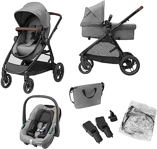 Maxi-Cosi Zelia S Trio 3-in-1 Prams Travel System, 0 - 4 Years, Up to 22 kg, Foldable, Compact and Reclining Baby Pushchair, with CabrioFix S i-Size Baby Car Seat, Accessories, Nursery Bag, Grey