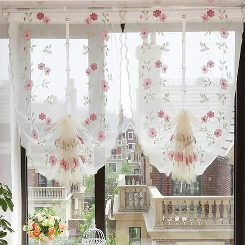 Devola Raffrollo transparent Gardinen Pastorale Raffgardine mit Blumenmotiv Besticke küchengardinen landhausstil Rollo fertiggardinen Wohnzimmer modern BxH 80x150cm Weiß 1er Pack