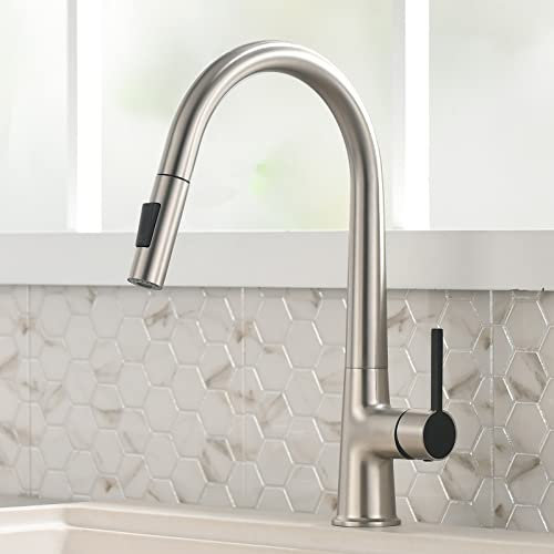 TIMACO Grifo de cocina de alta presión, extensible, giratorio 360°, grifo mezclador de cocina con ducha, grifo de cocina con dos patrones de flujo, acero inoxidable 304, níquel cepillado