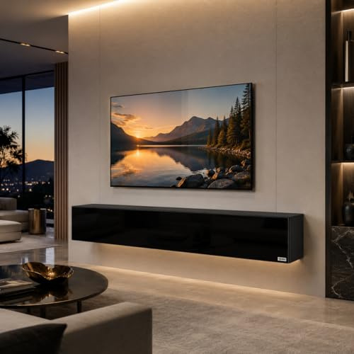Makika TV Lowboard - Stand Table with 4 Storages and Cable Management for Living Room Office - Flat Screen TV Cabinet Modern Entertainment - 2 Mounting Options Wall Mounted - Black High-Gloss