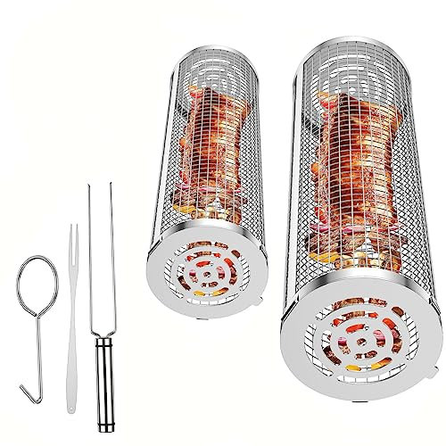 Rolling Grill Basket, Rolling BBQ Grilling Basket, Portable bbq Vegetable Grill Basket, Outdoor Round BBQ Grill Mesh - Camping Picnic Cookware, for Vegetables, French Fries, Fish, with hook and fork