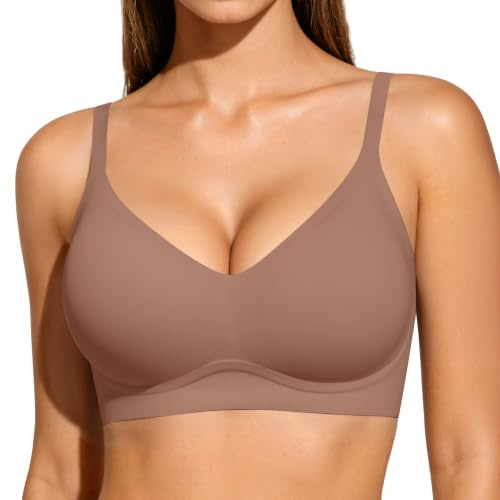 Vertvie Sömlös bh för kvinnor utan bygel, bekväm push up soft bh V-ringad mjuk bystier sömlös bh, ultra-bekväma vadderade bralette t-shirts, 1 styck, S