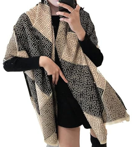 LA FERANI Damen Kaschmir Schal extra geschmeidig sanft dünn 185x65cm Kaschmirschal schwarz beige klassisch Vintage Damenschal Winter Frühling (Model 3)